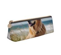 Trousse à crayons en cuir avec motif Golden retriever on the beach - Triangle - Grande trousse à crayons pour le bureau - Pour hommes, femmes, adolescents, étudiants, blanc, Taille unique, Cartable