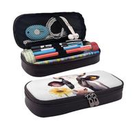 Trousse à crayons en cuir de grande capacité avec compartiments double fermeture éclair aquarelle vache et marguerite pour homme et femme - Cadeau de bureau