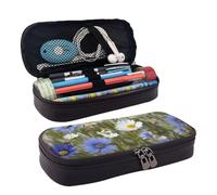 Trousse à crayons en cuir de grande capacité avec compartiments, double fermeture éclair, fleurs sauvages et bleuets, marguerites, organiseur pour homme et femme, cadeau de bureau