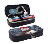 Trousse à crayons en cuir de grande capacité avec compartiments - Double fermeture éclair - Joyeux Noël avec bonhomme de neige - Organiseur pour homme et femme - Cadeau de bureau, Noir , Taille unique
