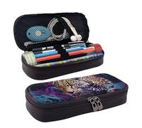 Trousse à crayons en cuir de grande capacité avec compartiments, double fermeture éclair, motif léopard sur fond violet, organiseur pour homme et femme, cadeau de bureau, noir, Noir , Taille unique