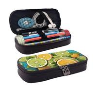 Trousse à crayons en cuir de grande capacité avec compartiments - Double fermeture éclair - Tranches de citron sur fond vert - Organiseur pour homme et femme - Cadeau de bureau, Noir , Taille unique