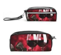 Trousse à crayons en cuir de grande capacité avec fermeture éclair - Petite trousse de maquillage portable - Organiseur de fournitures de bureau pour homme et femme - Motif roses et lunettes de vin