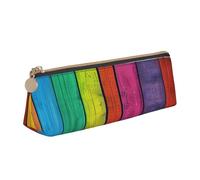 Trousse à crayons en cuir PVC avec fermeture éclair et motif carlin, Fond en bois coloré, Taille unique, Cartable