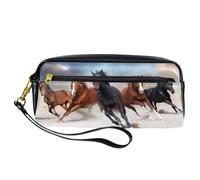 Trousse à crayons en cuir synthétique avec fermeture éclair pour garçons et filles - Fournitures scolaires et de bureau - Motif chevaux qui courent sur la tempête du désert