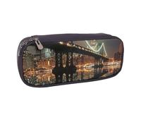 Trousse à crayons en cuir synthétique imprimé oiseau extérieur pour filles garçons écoliers, New York Manhattan Bridge Night, Taille unique, Cartable
