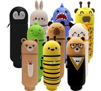 Trousse à crayons en forme d'animal mignon, trousse à crayons 2 en 1 avec porte-stylo à fermeture éclair, trousse à crayons en Silicone souple, adaptée au bureau scolaire Ours à lunettes