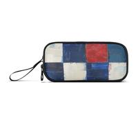 Trousse à crayons en nylon avec motif carrés rouges blancs et bleus - Grande capacité - Fermeture éclair - Pour l'école et les enfants