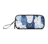 Trousse à crayons en nylon de grande capacité avec chats angora turcs - Bleu marine - Pour adolescentes et garçons
