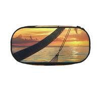 Trousse à crayons en tissu Oxford avec motif pingouin mignon imprimé avec un design spacieux pour l'école, le bureau, les voyages - Trousse multi-usage pour papeterie et maquillage, Coco Beach Sunset