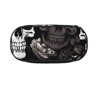 Trousse à crayons en tissu Oxford imprimé drapeau canadien avec motif spacieux pour l'école, le bureau, les voyages - Trousse multi-usage pour papeterie et maquillage, Tête de mort florale noire
