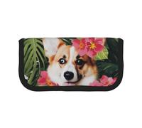 Trousse à crayons en toile imprimée 3D aigle à tête blanche, pochette spacieuse pour l'école, le bureau et les voyages, Fleurs tropicales et corgi 2, Taille unique, Cartable