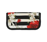 Trousse à crayons en toile imprimée avec ballon de football américain - Pour l'école, le bureau et les voyages, Rayures noires et blanches, roses rouges., Taille unique, Cartable