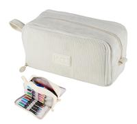 Trousse à crayons en velours côtelé avec 3 compartiments - Grande capacité - Trousse esthétique et robuste pour l'école, le bureau et la vie quotidienne - Pour filles, garçons et adolescents, Beige