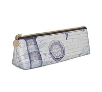 Trousse à crayons fine en cuir avec motif bateau et boussole métallique avec poche zippée pour étudiant, bureau, collège, blanc, Taille unique, Ensemble cartable