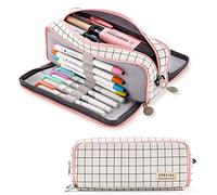 Trousse à Crayons Grande Capacité 3 Compartiments Porte-Crayons à Stylos Trousse à Maquillage Organisateur de Rangement Fournitures de Bureau pour école étudiant Garçon Fille (Plaid White)