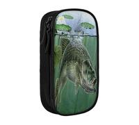 Trousse à crayons grande capacité Motif poisson avec imprimé leurre Double fermeture éclair, Noir , Taille unique, Trousse de toilette