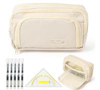 Trousse à crayons grande capacité multifonction fille tissu Oxford trousse esthétique contient équerre et 5 stylos à bille Convient pour l'école et le bureau Papeterie, beige, Moderne