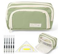 Trousse à crayons grande capacité multifonction fille tissu Oxford trousse esthétique contient équerre et 5 stylos à bille Convient pour l'école et le bureau Papeterie, vert, Moderne