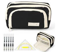 Trousse à crayons grande capacité multifonction fille tissu Oxford trousse esthétique contient équerre et 5 stylos à bille Convient pour l'école et le bureau Papeterie, Noir , Moderne