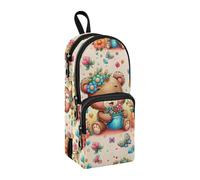 Trousse à crayons Happy Cartoon Bear and Flower - Grande capacité - Avec compartiment - En forme de cartable - Pour l'école, le bureau, le travail, Ours et fleur de dessin animé heureux, Taille