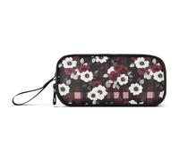 Trousse à crayons haute capacité en nylon avec carrés de fleurs rouges et bleues pour adolescents