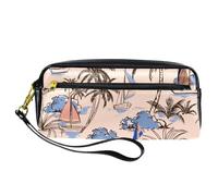 Trousse à crayons, île avec bateau, planche à voile, palmier, pochette en cuir synthétique avec fermeture éclair, pour garçons et filles, fournitures scolaires et de bureau