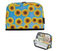 Trousse à crayons jaune vif tournesols bleus avec fermeture éclair - Grande trousse de rangement pour salle de classe - Imprimé animal - Papeterie pour enfants - Fournitures scolaires
