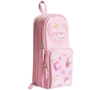 Trousse à crayons mignonne avec grande capacité et design Happy Times, organiseur en toile avec patchs de Kawaii, double pochette de rangement à fermeture éclair, 5 stylos gel pastel inclus