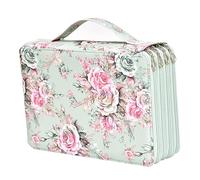 Trousse à crayons multifonction en cuir souple avec fermeture éclair multicouche séparation, grande capacité, pochette à stylos, fleur colorée, 200 emplacements, Vert, Fermeture éclair