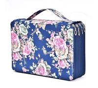 Trousse à crayons multifonction en cuir souple avec fermeture éclair multicouche séparation, grande capacité, pochette à stylos, fleur colorée, 200 emplacements, bleu, Fermeture éclair