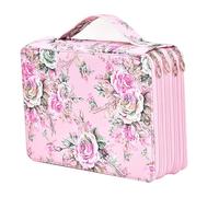Trousse à crayons multifonction en cuir souple avec fermeture éclair multicouche séparation, grande capacité, pochette à stylos, fleur colorée, 200 emplacements, rose, Fermeture éclair
