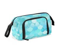 Trousse à crayons multifonctionnelle avec écailles de poisson bleu-blanc de grande capacité pour fournitures de rentrée scolaire