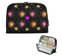 Trousse à crayons noire avec motif de cœurs vibrants et feux d'artifice avec fermeture éclair pour adolescentes et filles - Imprimé floral - Pour la rentrée scolaire