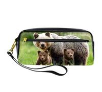 Trousse à crayons, ours marron et deux oursons en cuir synthétique avec fermeture éclair pour garçons et filles, fournitures scolaires et de bureau