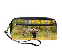 Trousse à crayons, ours marron marchant autour du lac, pochette en cuir synthétique avec fermeture éclair, pour garçons et filles, fournitures scolaires et de bureau