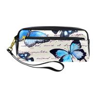 Trousse à crayons, papillon bleu sur texte écrit, pochette à stylos, pochette en cuir synthétique avec fermeture éclair pour garçons et filles, fournitures scolaires et de bureau