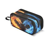 Trousse à crayons personnalisée avec deux dragons avec feu - 3 compartiments - Pour l'école - Portable - Pour filles et garçons