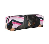 Trousse à Crayons Pochette à Crayons cylindrique portative avec Pochette à cosmétiques en Cuir à Fermeture éclair,Chiot Teckel Animal de Compagnie canin