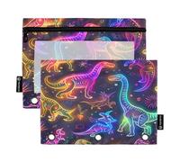 Trousse à crayons pour 3 classeurs à anneaux, 2 pièces, porte-crayons souple avec 3 anneaux, Back to School Essentials, 9,8 ″ × 7 ″, dinosaures mignons en ligne néon