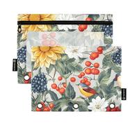 Trousse à crayons pour classeur à 3 anneaux avec fenêtre transparente, motif fleur de mûrier rétro, organiseur avec fermeture éclair, œillets renforcés, classeur à 3 anneaux, pour l'école, la classe