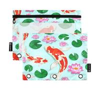 Trousse à crayons pour classeur à 3 anneaux, lot de 2 pochettes à 3 anneaux, essentiels pour la rentrée scolaire, 24 x 17 cm (taille unique x 2), poisson koi rouge, fleurs roses bleues