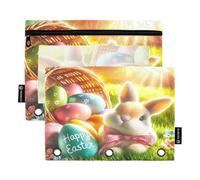 Trousse à crayons pour classeur à 3 anneaux, lot de 2 pochettes zippées avec fenêtre transparente, fournitures de rentrée scolaire, 24 x 17 cm, panier lapin de Pâques Sunshine