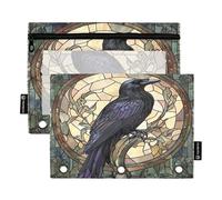 Trousse à crayons pour classeur à 3 anneaux, lot de 2 trousses à crayons avec fenêtre transparente, fournitures de rentrée scolaire, 24 x 17 cm, corbeau en verre teinté