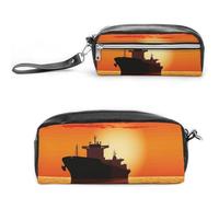 Trousse à crayons pour homme et femme - Grande capacité - Trousse de maquillage - Silhouette du navire pétrolier au lever du soleil rouge - Trousse à crayons pour fournitures de bureau, Style :,