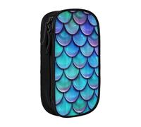 Trousse à crayons pratique avec imprimé écailles de poisson bleu sarcelle sirène multi-compartiments pour bureau, voyage, école, art quotidien, Noir , Taille unique, Poche de rangement