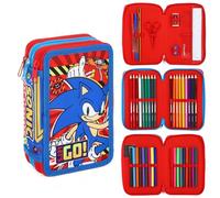 Trousse à Crayons remplie de Fournitures Scolaires pour Enfants à 3 Niveaux avec stylos, Crayons et marqueurs The Hedgehog, Bleu, Trousse zippée