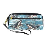 Trousse à crayons, requins dangereux sur les vagues de l'océan Pochette à stylos Pochette en cuir PU avec fermeture éclair pour garçons filles fournitures scolaires et de bureau