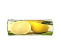 Trousse à crayons ronde en cuir avec fermeture éclair - Jaune - Imprimé citron - Pour le travail et le bureau - Pour homme et femme, doré, Taille unique, Trousse de toilette