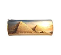 Trousse à crayons ronde en cuir avec motif pyramide égyptienne dans le désert avec fermeture éclair pour le travail et le bureau pour homme et femme, doré, Taille unique, Trousse de toilette
